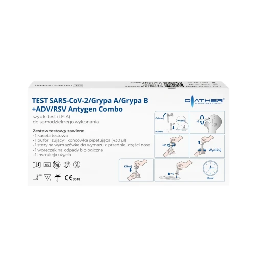 SARS-CoV-2/Grypa A/Grypa B + ADV/RSV Antygen Combo Szybki test LFIA, 1 sztuka - Domowy test diagnostyczny na grypę, COVID i RSV - 2