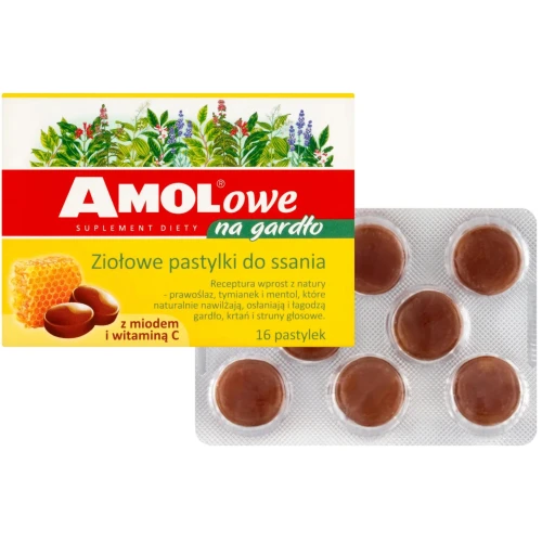 Amolowe na gardło z miodem i witaminą C, 16 pastylek do ssania - Z tymiankiem i korzeniem prawoślazu, nawilżają i koją gardło - 1