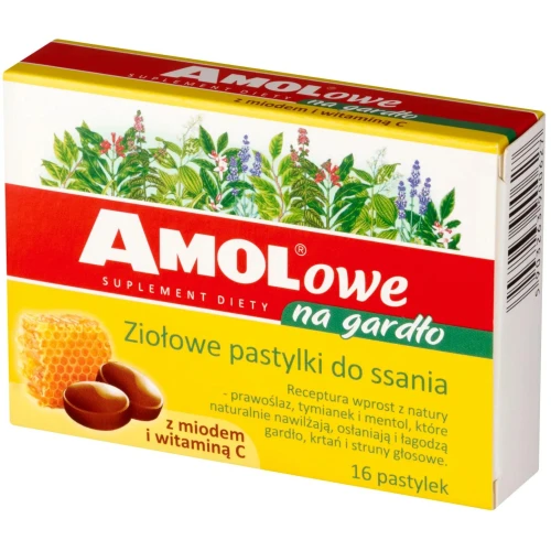 Amolowe na gardło z miodem i witaminą C, 16 pastylek do ssania - Z tymiankiem i korzeniem prawoślazu, nawilżają i koją gardło - 4