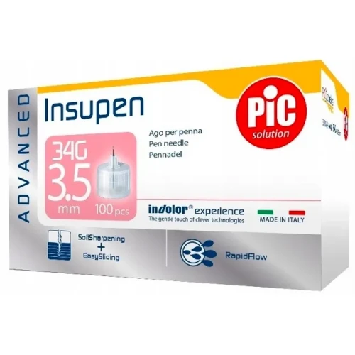 PIC Insupen Advanced Igły do penów 34G, 0,18 x 3,5 mm, 100 sztuk - Najcieńsze i najkrótsze igły do penów insulinowych - 1