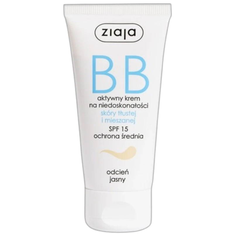 Ziaja Aktywny krem na niedoskonałości BB jasny, SPF 15, tłusta i mieszana, 50 ml - Wyrównuje koloryt i  kontroluje nadmierne błyszczenie - 1