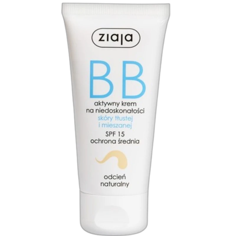 Ziaja Aktywny krem na niedoskonałości BB naturalny, SPF 15, tłusta i mieszana 50 ml - Wyrównuje koloryt i kontroluje nadmierne błyszczenie - 1