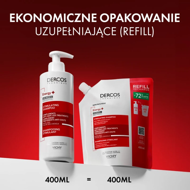 Vichy Dercos Energy+ Szampon wzmacniający włosy - refill, 400 ml - Pielęgnacja włosów osłabionych i skłonnych do wypadania - 1