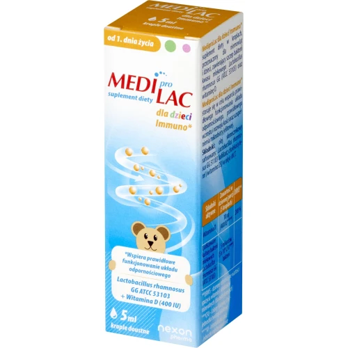Nexon Pharma Mediprolac Immuno dla dzieci od 1 dnia życia, krople 5 ml - Połączenie dobrych bakterii i witaminy D wspiera odporność - 1