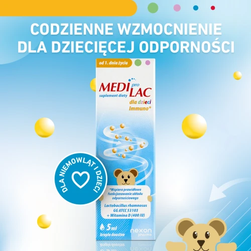 Nexon Pharma Mediprolac Immuno dla dzieci od 1 dnia życia, krople 5 ml - Połączenie dobrych bakterii i witaminy D wspiera odporność - 2
