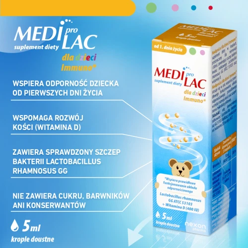 Nexon Pharma Mediprolac Immuno dla dzieci od 1 dnia życia, krople 5 ml - Połączenie dobrych bakterii i witaminy D wspiera odporność - 3