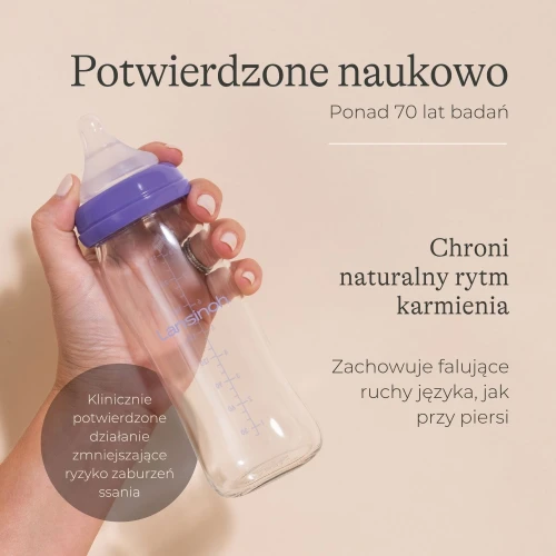 Lansinoh Butelka szklana do karmienia ze smoczkiem Natural Wave  rozmiar S,  160 ml - Smoczek o wolnym przepływie naśladuje naturalny sposób ssania - 1