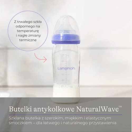 Lansinoh Butelka szklana do karmienia ze smoczkiem Natural Wave  rozmiar S,  160 ml - Smoczek o wolnym przepływie naśladuje naturalny sposób ssania - 2