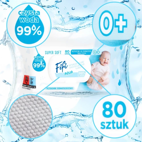 Opharm Fifi Aqua Super Soft, chusteczki dla dzieci, 80 sztuk - Zawierają 99% czystej wody i łagodzący pantenol - 3