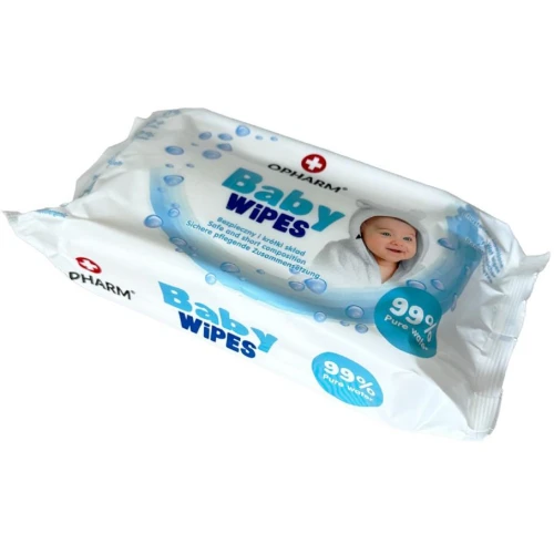 Opharm Baby Wipes, nawilżane chusteczki dla dzieci, 64 sztuki - Biodegradowalne i nawilżane w 99% czystą wodą z dodatkiem trehalozy - 1