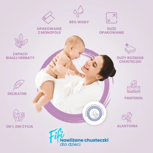 Opharm Fifi Chusteczki nawilżane dla dzieci, 80 sztuk - Z 98% czystej wody, alantoiną i pantenolem - 1