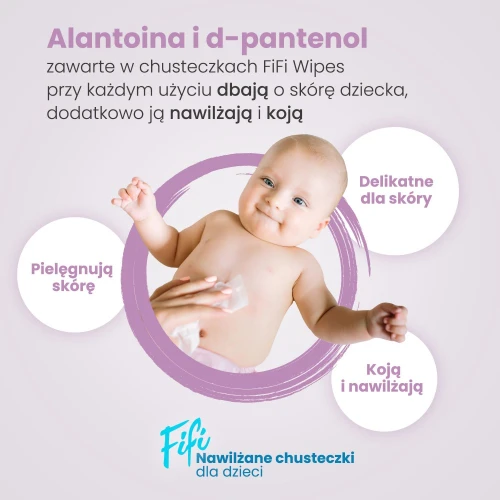 Opharm Fifi Chusteczki nawilżane dla dzieci, 80 sztuk - Z 98% czystej wody, alantoiną i pantenolem - 2