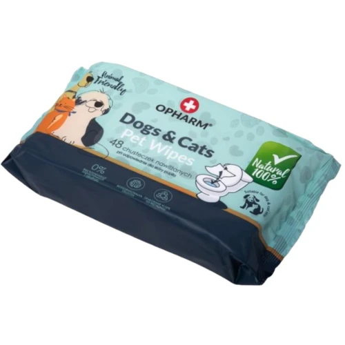 Opharm Dogs & Cats Pet Wipes, papierowe chusteczki do pielęgnacji zwierząt, 48 sztuk - Oczyszczanie i bezpieczna pielęgnacja łap, uszu i oczu - 1