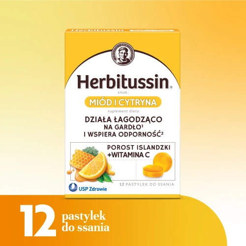 Herbitussin Miód i Cytryna, 12 pastylek do ssania - Połączenie ekstraktów ziołowych wspiera gardło i odporność - 1