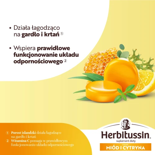 Herbitussin Miód i Cytryna, 12 pastylek do ssania - Połączenie ekstraktów ziołowych wspiera gardło i odporność - 2