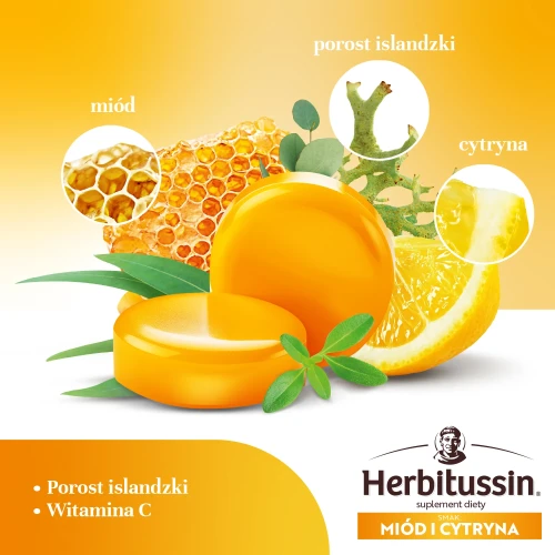 Herbitussin Miód i Cytryna, 12 pastylek do ssania - Połączenie ekstraktów ziołowych wspiera gardło i odporność - 3