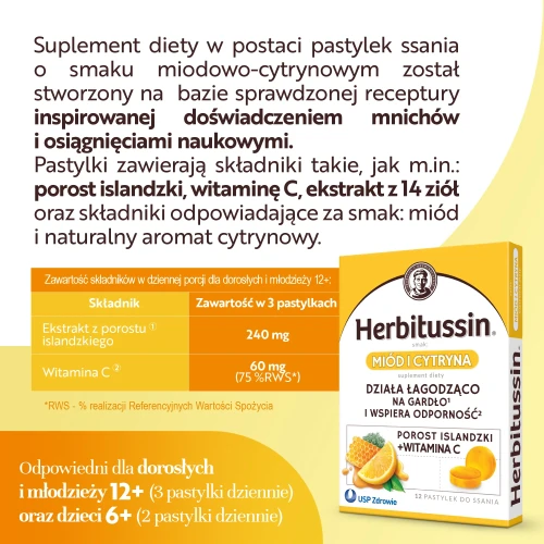 Herbitussin Miód i Cytryna, 12 pastylek do ssania - Połączenie ekstraktów ziołowych wspiera gardło i odporność - 4