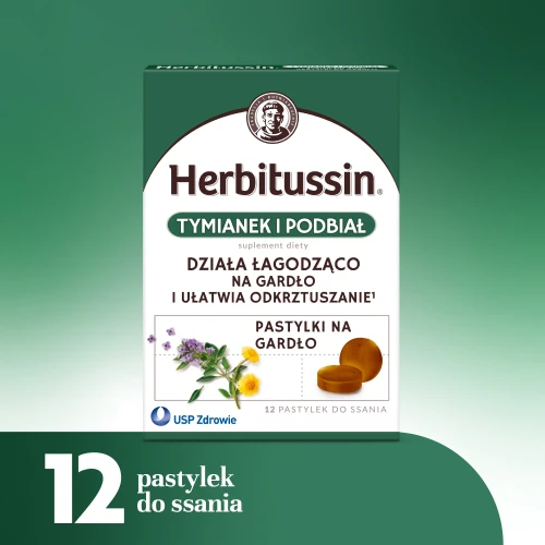 Herbitussin Tymianek i Podbiał, 12 pastylek do ssania - Połączenie ekstraktów ziołowych wspiera gardło, ułatwia dokrztuszanie - 1