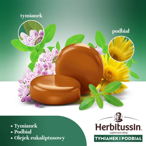 Herbitussin Tymianek i Podbiał, 12 pastylek do ssania - Połączenie ekstraktów ziołowych wspiera gardło, ułatwia dokrztuszanie - 2