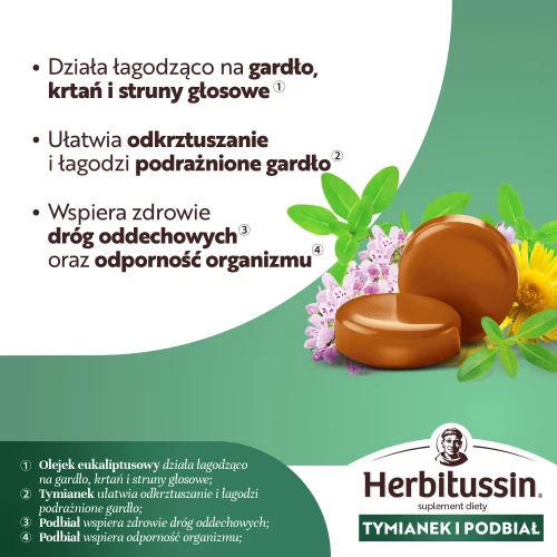 Herbitussin Tymianek i Podbiał, 12 pastylek do ssania - Połączenie ekstraktów ziołowych wspiera gardło, ułatwia dokrztuszanie - 3