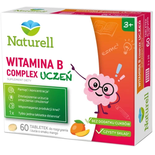 Naturell Witamina B Complex Uczeń, 60 tabletek do rozgryzania i żucia - Kompleks 7 witamin z grupy B dla dzieci od 3. roku życia - 1