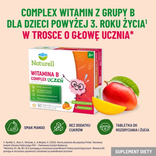 Naturell Witamina B Complex Uczeń, 60 tabletek do rozgryzania i żucia - Kompleks 7 witamin z grupy B dla dzieci od 3. roku życia - 4