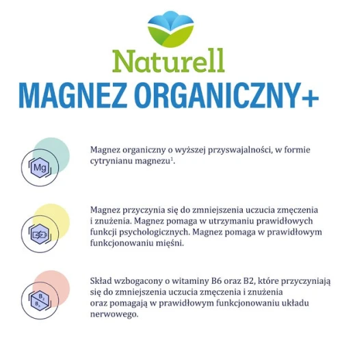 Naturell Magnez Organiczny+, 100 kapsułek - Magnez w formie cytrynianu z witaminami B2, B6 i ekstraktem BioPerine - 1