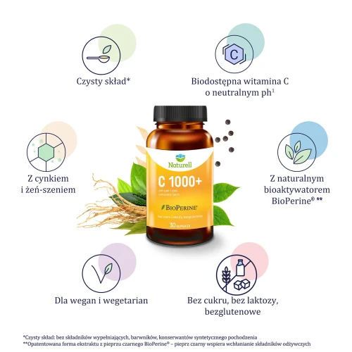 Naturell C 1000+, 30 kapsułek - Z buforowaną, łagodną dla żołądka witaminą C, cynkiem, żeń-szeniem i BioPerine - 1