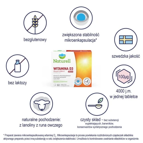 Naturell Witamina D3 4000, 60 tabletek do rozgryzania i żucia - Wygodna forma –  nie wymaga połykania ani popijania - 1