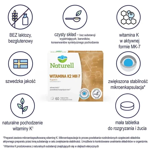 Naturell Witamina K2 MK-7 75 µg, 60 tabletek do rozgryzania i żucia - Przyczynia się do utrzymania zdrowych kości - 1
