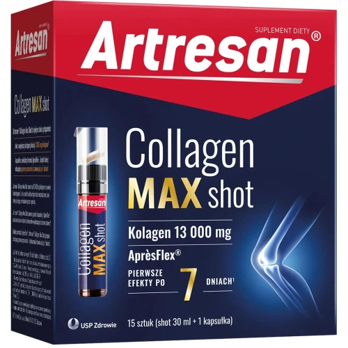 Artresan Collagen Max Shot, 15 x 30 ml + 15 kapsułek - 13 000 mg kolagenu w płynie i kapsułki z AprèsFlex® - 1