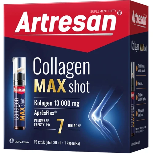 Artresan Collagen Max Shot, 15 x 30 ml + 15 kapsułek - 13 000 mg kolagenu w płynie i kapsułki z AprèsFlex® - 2