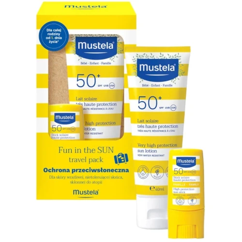 Mustela Sun Fun in The Sun Travel Pack SPF 50 Zestaw - Mleczko przeciwsłoneczne, 40 ml + Sztyft, 9 ml - Dla dzieci i całej rodziny - 1