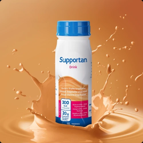 Supportan Drink o smaku owoców tropikalnych, 4 x 200 ml - Kompletna dieta wysokoenergetyczna, wysokobiałkowa, bogata w tłuszcz oraz EPA i DHA - 4