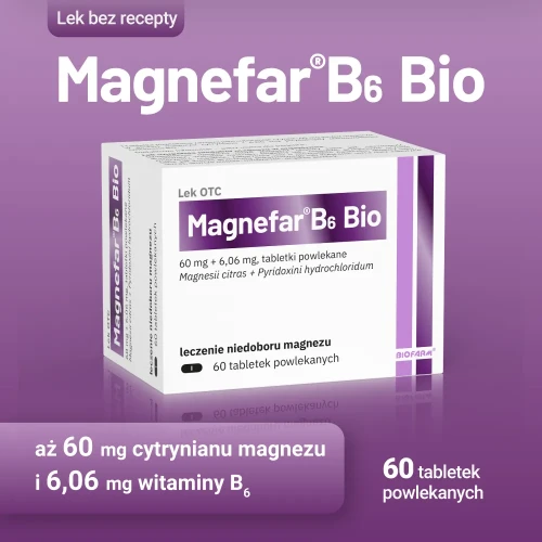 Magnefar B6 Bio, 60 mg + 6,06 mg, 60 tabletek powlekanych - Leczenie i profilaktyka niedoboru magnezu - 1