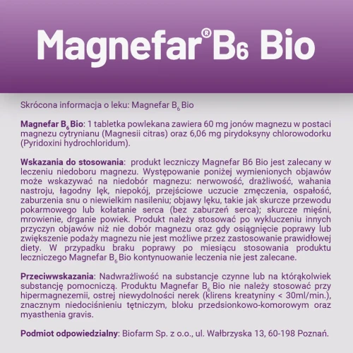 Magnefar B6 Bio, 60 mg + 6,06 mg, 60 tabletek powlekanych - Leczenie i profilaktyka niedoboru magnezu - 4