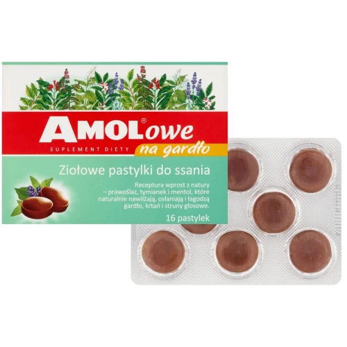 Amolowe na gardło z mentolem, 16 pastylek do ssania  - Suplement diety z tymiankiem, korzeniem prawoślazu  - 2