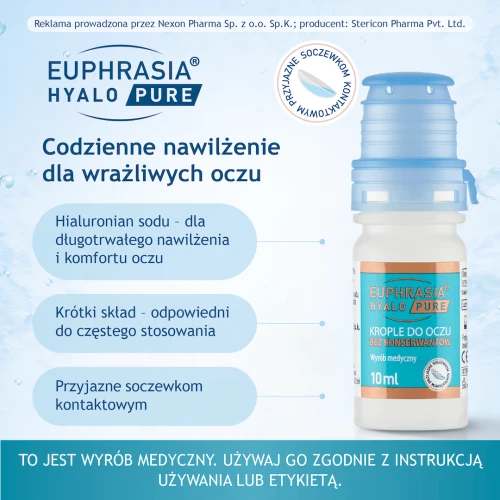 Euphrasia Hyalo Pure, krople do oczu 10 ml - Zapewniają ulgę, nawilżenie i redukcję zaczerwienienia. - 1