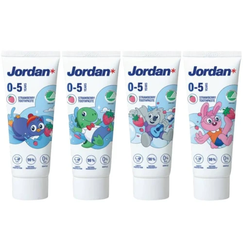 Jordan Kids dla dzieci 0-5 lat, smak truskawkowy,  pasta do mycia zębów, 50 ml - Z zalecanym poziomem fluoru i 0% SLS - 1