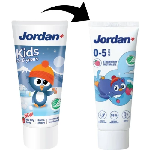 Jordan Kids dla dzieci 0-5 lat, smak truskawkowy,  pasta do mycia zębów, 50 ml - Z zalecanym poziomem fluoru i 0% SLS - 2