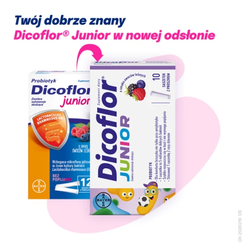 Dicoflor Junior, smak owoców leśnych,  10 saszetek - Wzbogaca mikroflorę jelitową, ozpuszcza się w buzi nie wymaga popijania - 1
