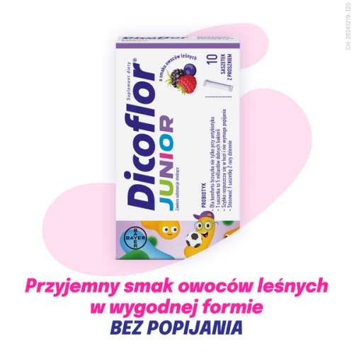 Dicoflor Junior, smak owoców leśnych,  10 saszetek - Wzbogaca mikroflorę jelitową, ozpuszcza się w buzi nie wymaga popijania - 2