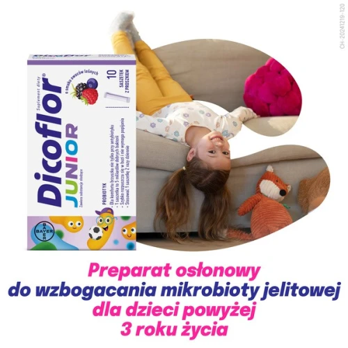 Dicoflor Junior, smak owoców leśnych,  10 saszetek - Wzbogaca mikroflorę jelitową, ozpuszcza się w buzi nie wymaga popijania - 3