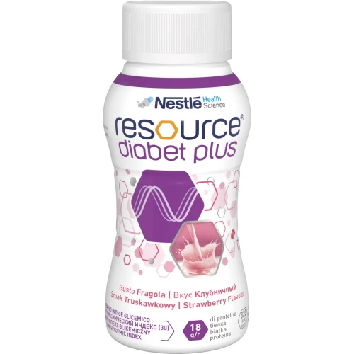 Resource Diabet Plus, płyn o smaku truskawkowym, 4 x 200 ml - Dieta wysokoenergetyczna i wysokobiałkowa o niskim indeksie glikemicznym - 1