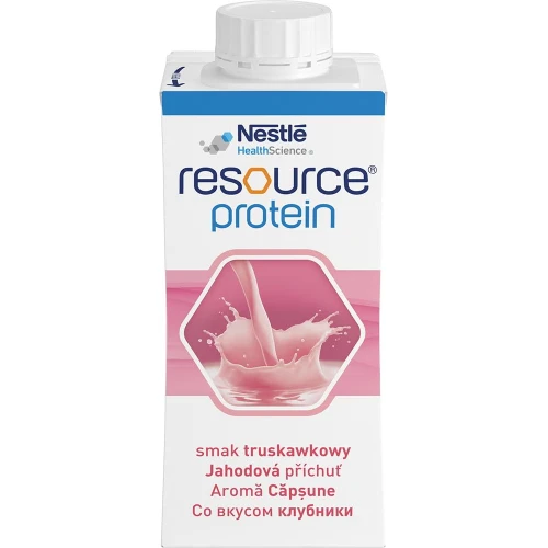 Resource Protein płyn o smaku truskawkowym, 4 x 200 ml - Wysokobiałkowy preparat odżywczy – wsparcie w chorobie i rekonwalescencji - 1