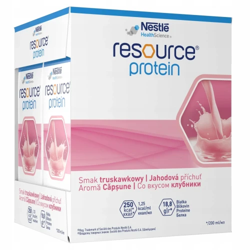 Resource Protein płyn o smaku truskawkowym, 4 x 200 ml - Wysokobiałkowy preparat odżywczy – wsparcie w chorobie i rekonwalescencji - 4