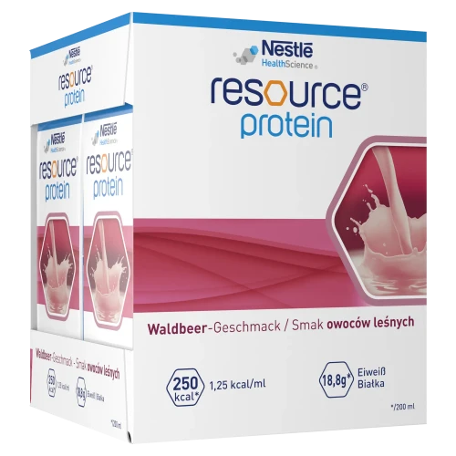 Resource Protein płyn o smaku owoców leśnych, 4 x 200 ml - Wysokobiałkowy preparat odżywczy – wsparcie w chorobie i rekonwalescencji - 4
