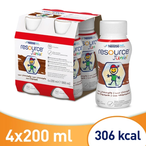 Resource Junior płyn o smaku czekoladowym, 4 x 200 ml - Kompletna i wysokoenergetyczna dieta w płynie dla dzieci powyżej 1. roku życia - 1