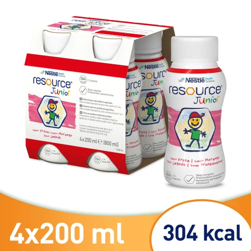 Resource Junior płyn o smaku truskawkowym, 4 x 200 ml - Kompletna i wysokoenergetyczna dieta w płynie dla dzieci powyżej 1. roku życia - 1