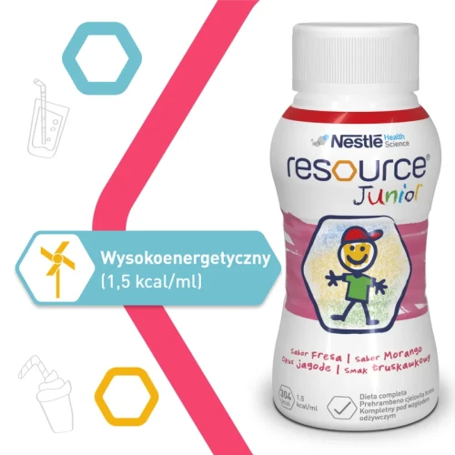 Resource Junior płyn o smaku truskawkowym, 4 x 200 ml - Kompletna i wysokoenergetyczna dieta w płynie dla dzieci powyżej 1. roku życia - 4